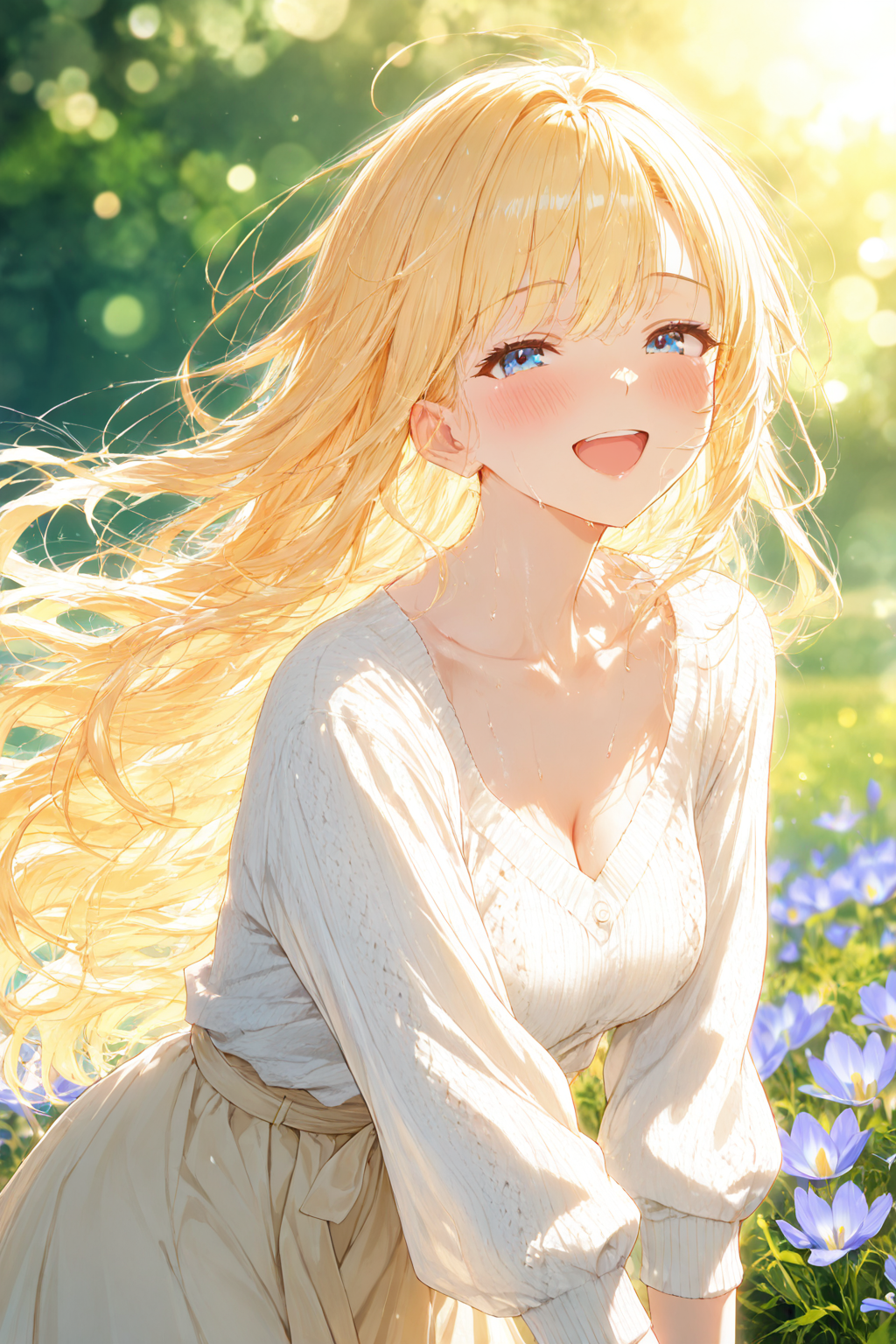ゆるふわ金髪が花畑で微笑むAIイラスト