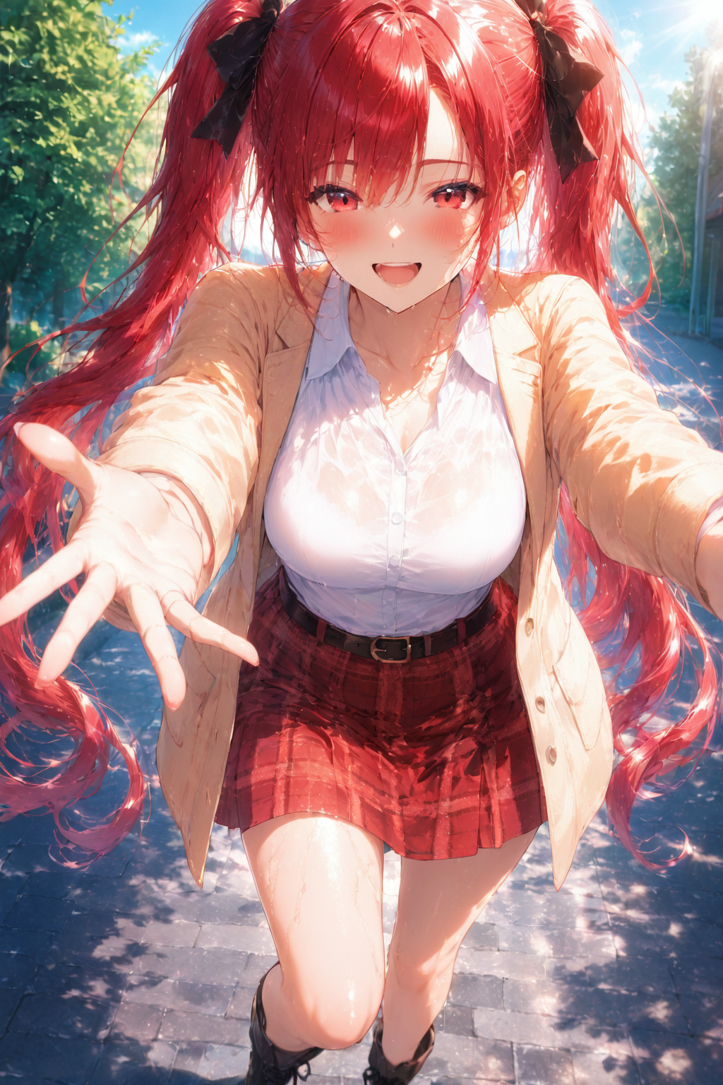 朝比奈茜（あさひなあかね）が笑顔で手を差し伸べるAIイラスト