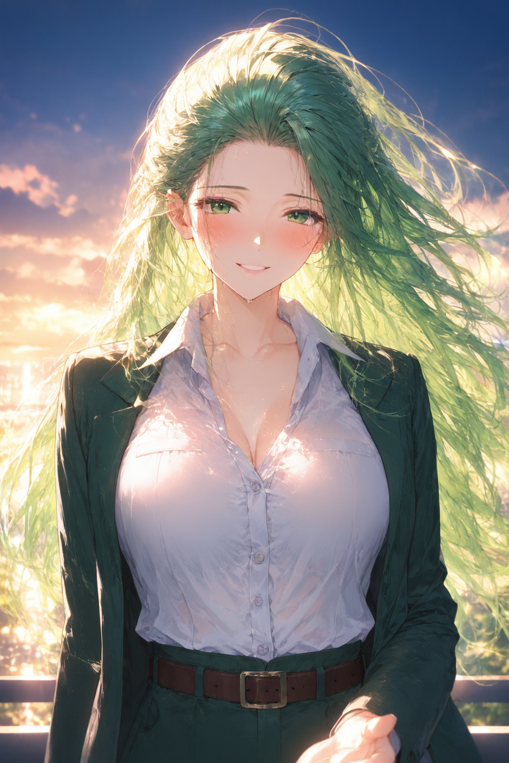 橘環（たちばなたまき）が夕暮れの中で微笑むAIイラスト