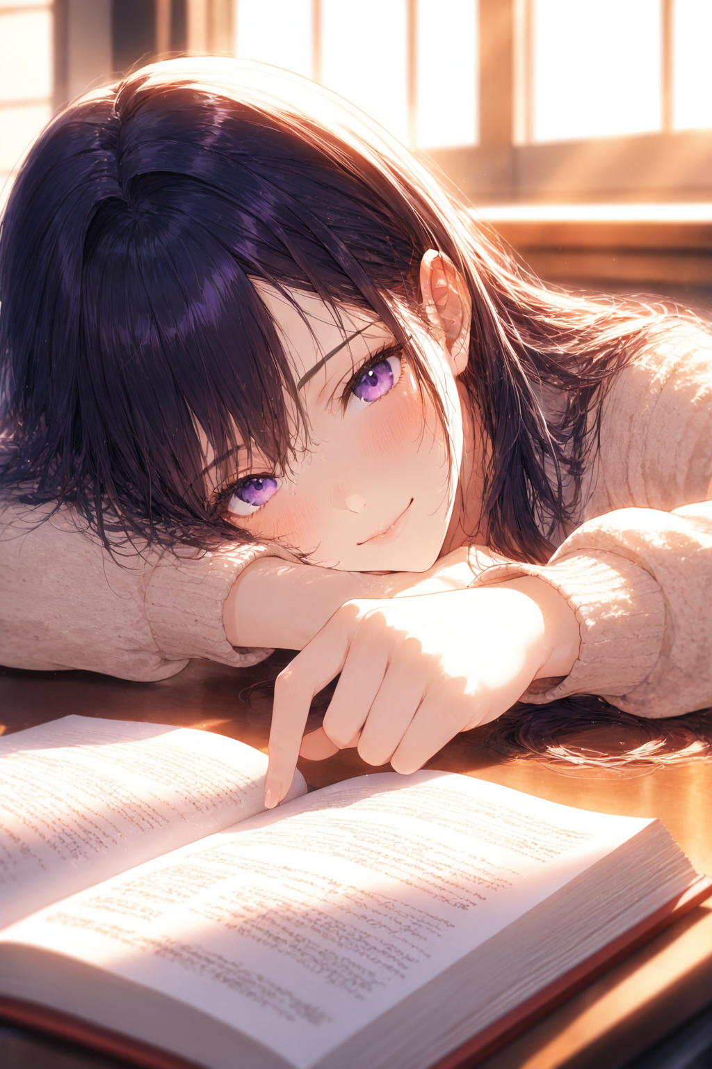 白石詩織（しらいししおり）が本を読みながら微笑むAIイラスト