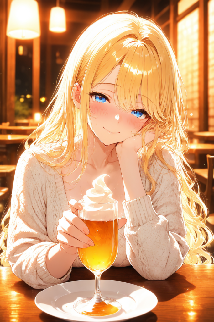 ゆるふわ金髪が温かい飲み物を片手に休日の夜をゆったり過ごすAIイラスト