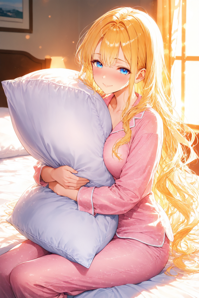 ゆるふわ金髪がパジャマ姿で抱き枕を抱えながら休日の朝を過ごすAIイラスト