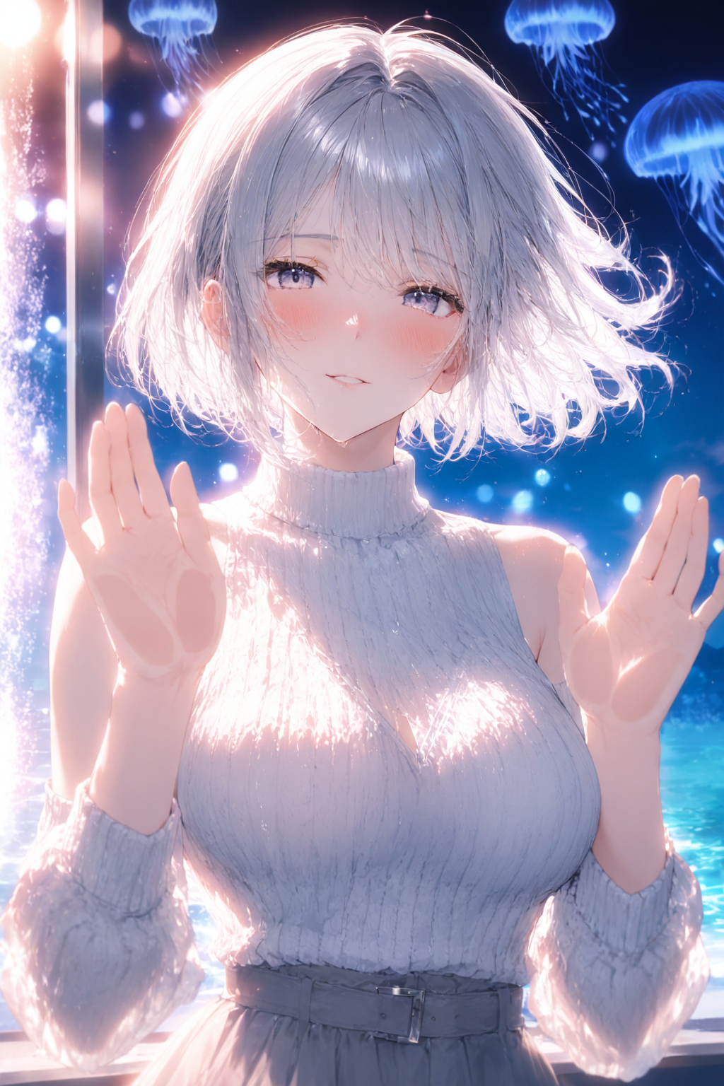 月城雪乃（つきしろゆきの）が水族館でクラゲを眺めるAIイラスト
