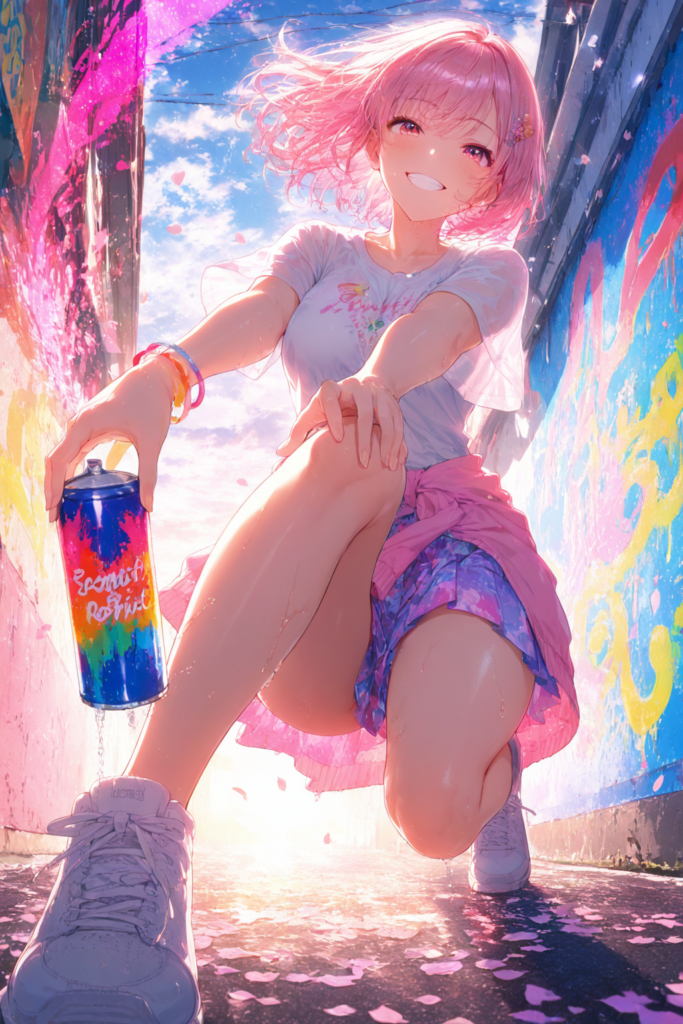 若葉陽菜（わかばひな）がカラフルなスプレー缶を持つ夏のAIイラスト