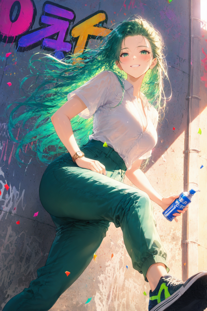 橘環（たちばなたまき）がグラフィティウォールの前で微笑むAIイラスト