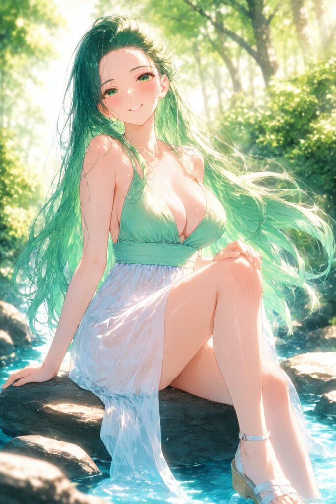橘 環（たちばな たまき）が川辺で涼しい風を感じながら微笑むAIイラスト