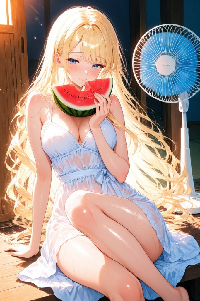 ゆるふわ金髪が冷えたスイカを食べながら夏を楽しむAIイラスト