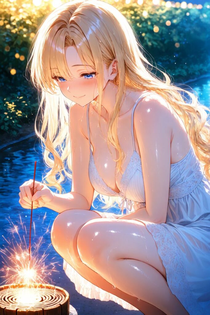 ゆるふわ金髪が線香花火を見つめながら夏の夜を過ごすAIイラスト
