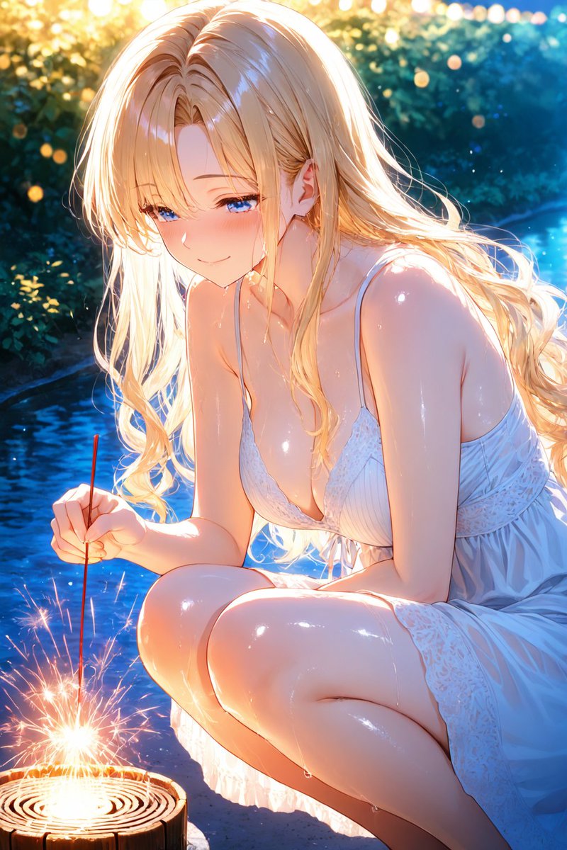ゆるふわ金髪が線香花火を見つめながら夏の夜を過ごすAIイラスト