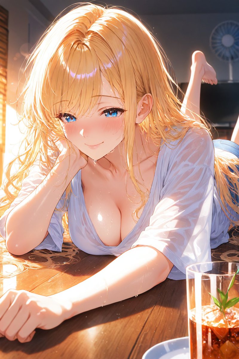 ゆるふわ金髪が暑い夏の朝に部屋でくつろぎながら過ごすAIイラスト