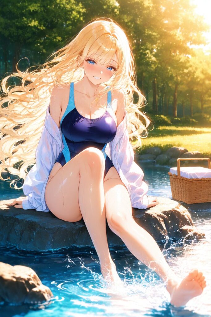 ゆるふわ金髪が冷たい川に足をつけて夏の自然を楽しむAIイラスト