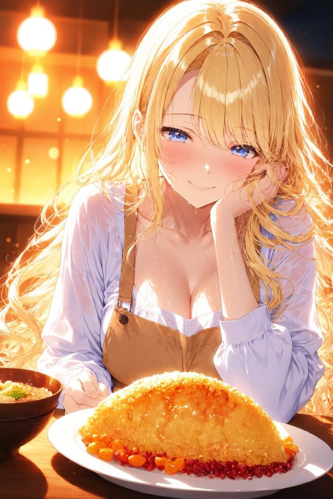 ゆるふわ金髪が川遊びのあとにカレーを前に笑顔を見せるAIイラスト
