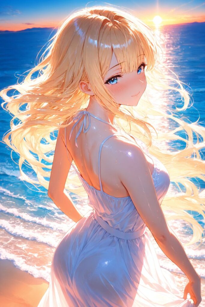 ゆるふわ金髪が夏の海辺で夕日を眺めながら微笑むAIイラスト