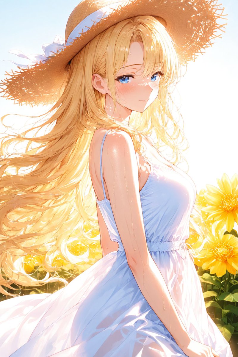 ゆるふわ金髪がひまわり畑で麦わら帽子をかぶり朝のお散歩を楽しむAIイラスト