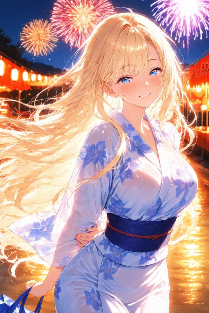 ゆるふわ金髪が浴衣姿で花火大会を楽しむAIイラスト