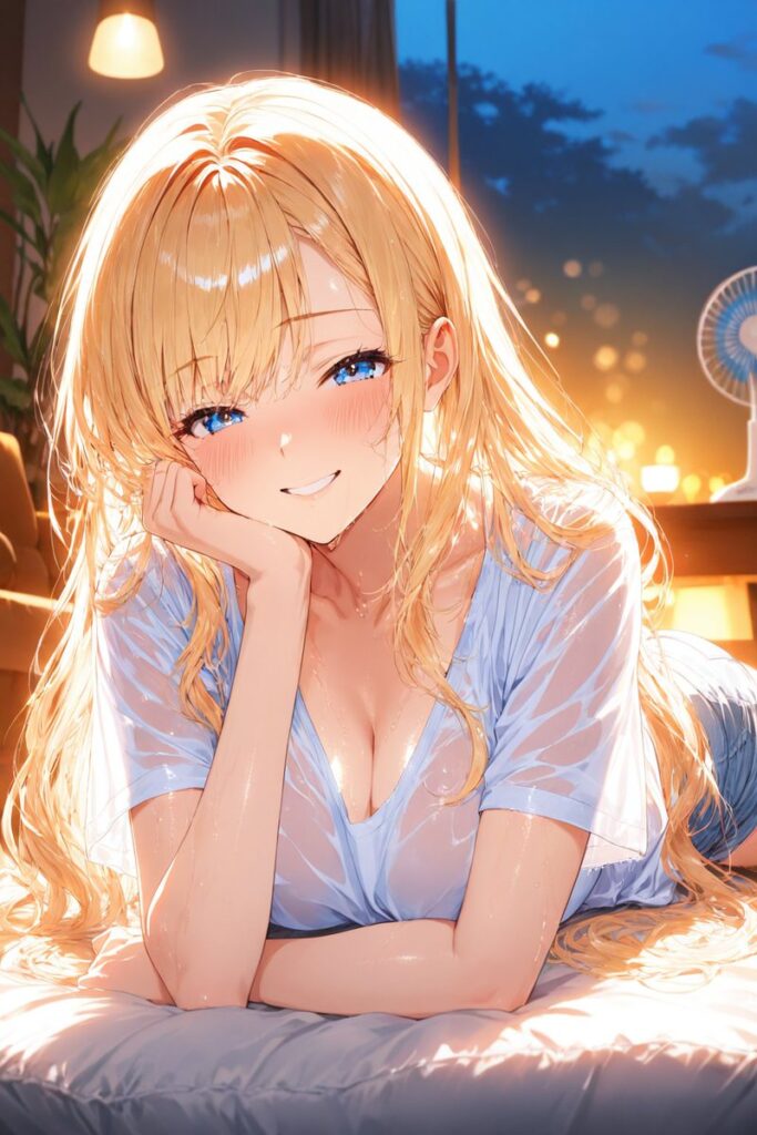 ゆるふわ金髪が暑さで目を覚まし部屋で微笑む夏の朝のAIイラスト