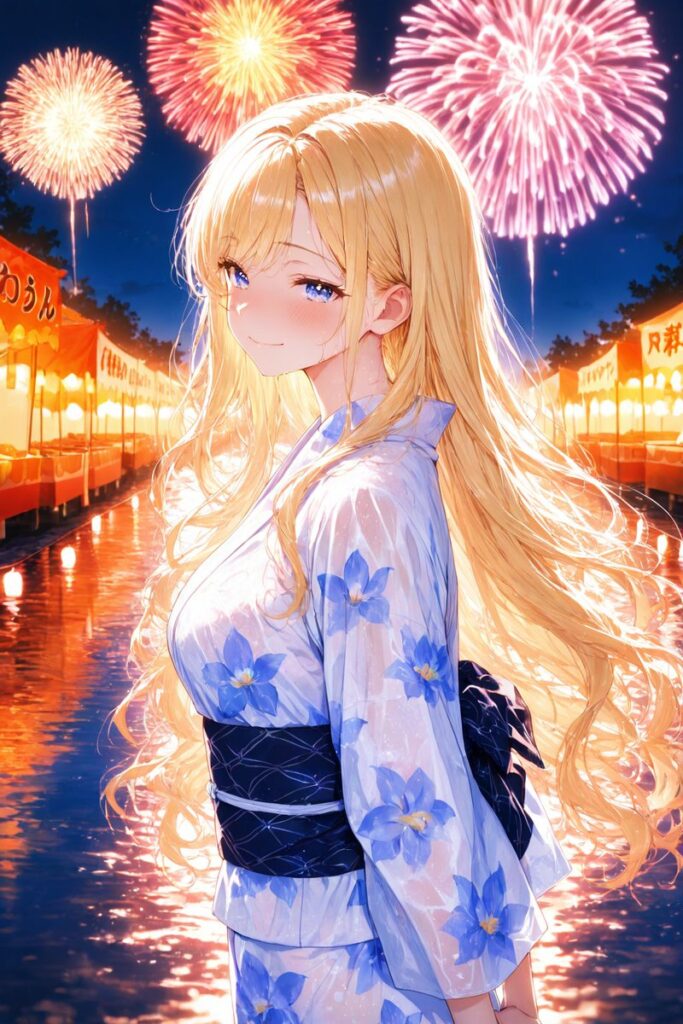 ゆるふわ金髪が浴衣姿で夜の花火大会を楽しむAIイラスト