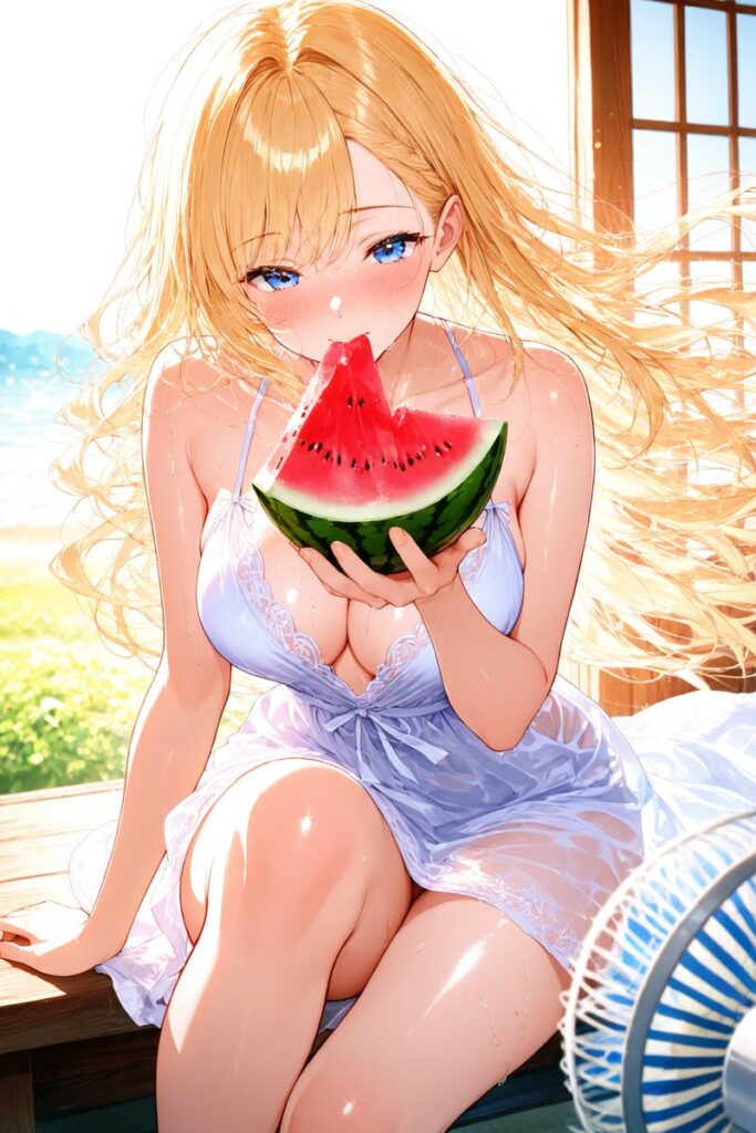 ゆるふわ金髪が縁側で冷えたスイカを美味しそうに食べるAIイラスト