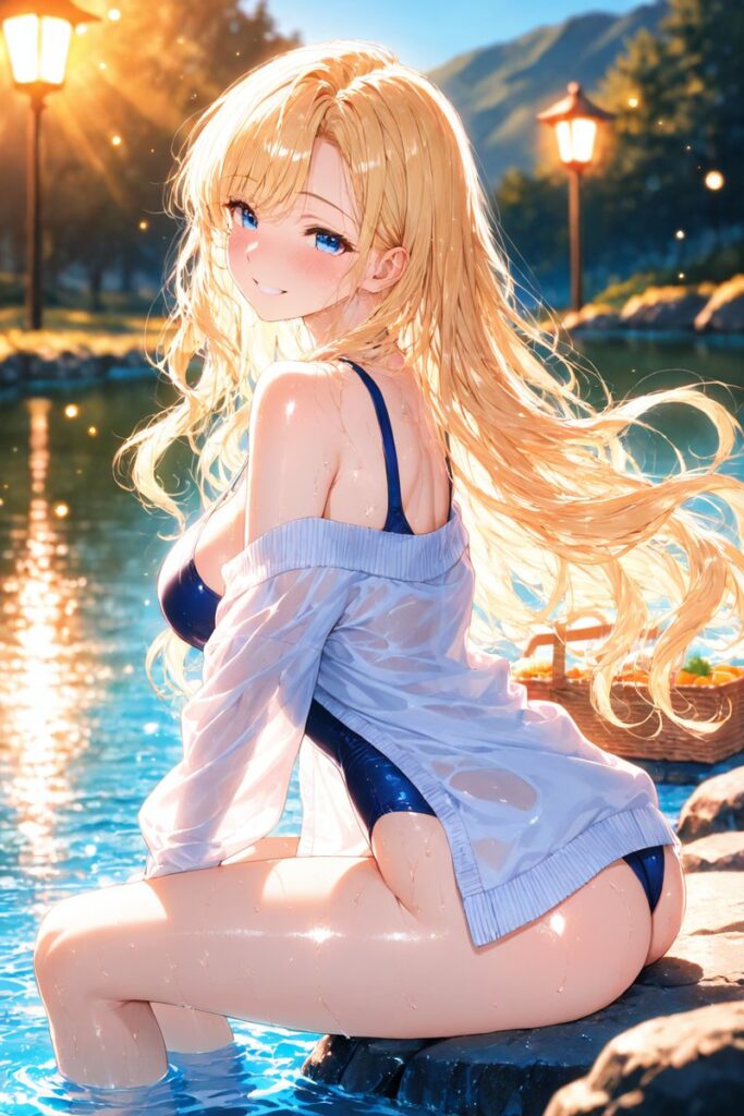 ゆるふわ金髪が川辺で足を水につけながら夏を満喫するAIイラスト