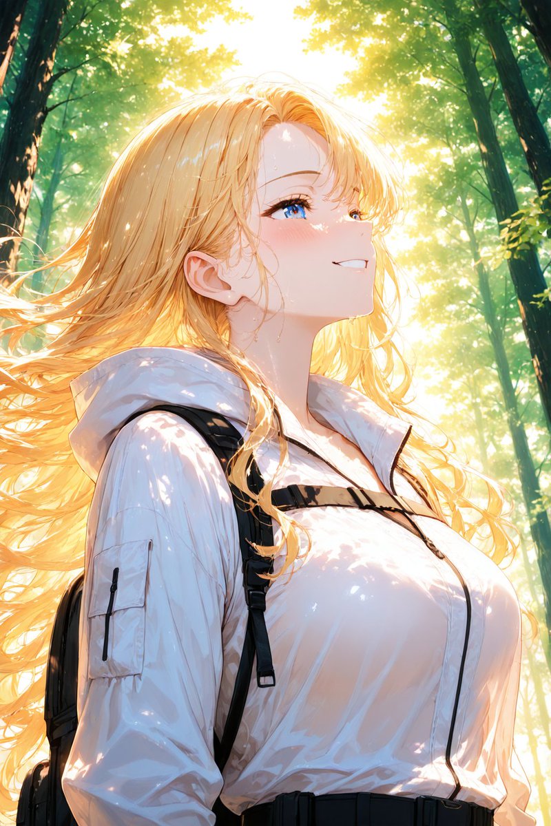 ゆるふわ金髪が木漏れ日の差し込む山道を笑顔で散策するAIイラスト