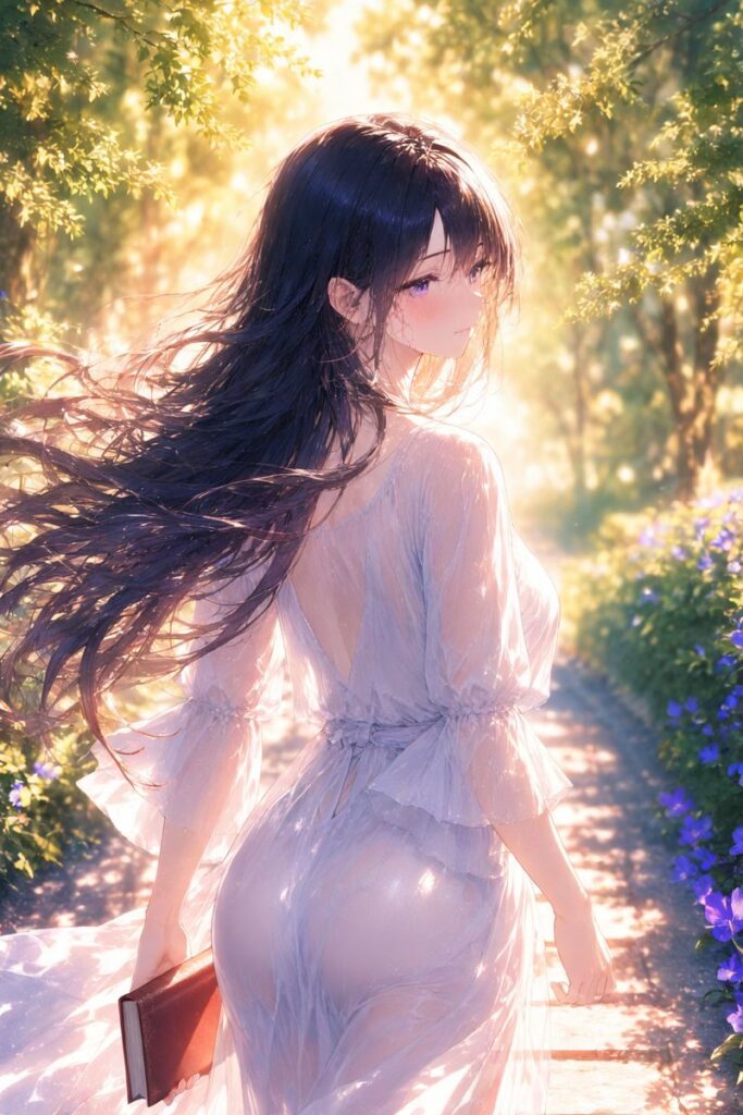 白石 詩織（しらいし しおり）が花咲く遊歩道で本を片手に散策するAIイラスト