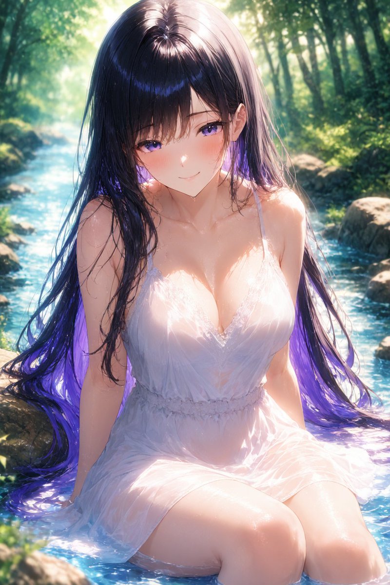 白石 詩織（しらいし しおり）が川辺で涼みながら夏を楽しむAIイラスト