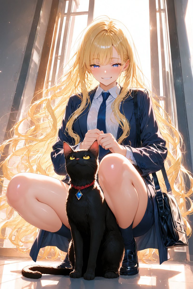 ゆるふわ金髪が帰り道で出会った黒猫と一緒に過ごすAIイラスト