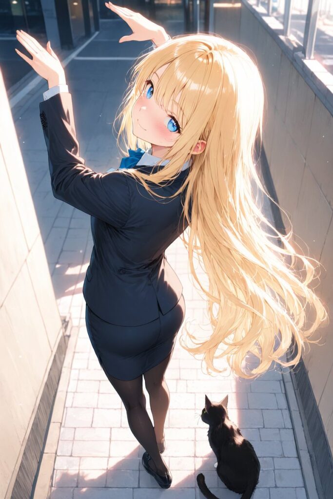 ゆるふわ金髪が出勤途中に黒猫と再会して笑顔を見せるAIイラスト