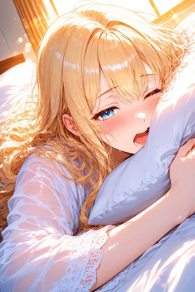 ゆるふわ金髪が布団を抱きしめながら眠そうに目覚める朝のAIイラスト