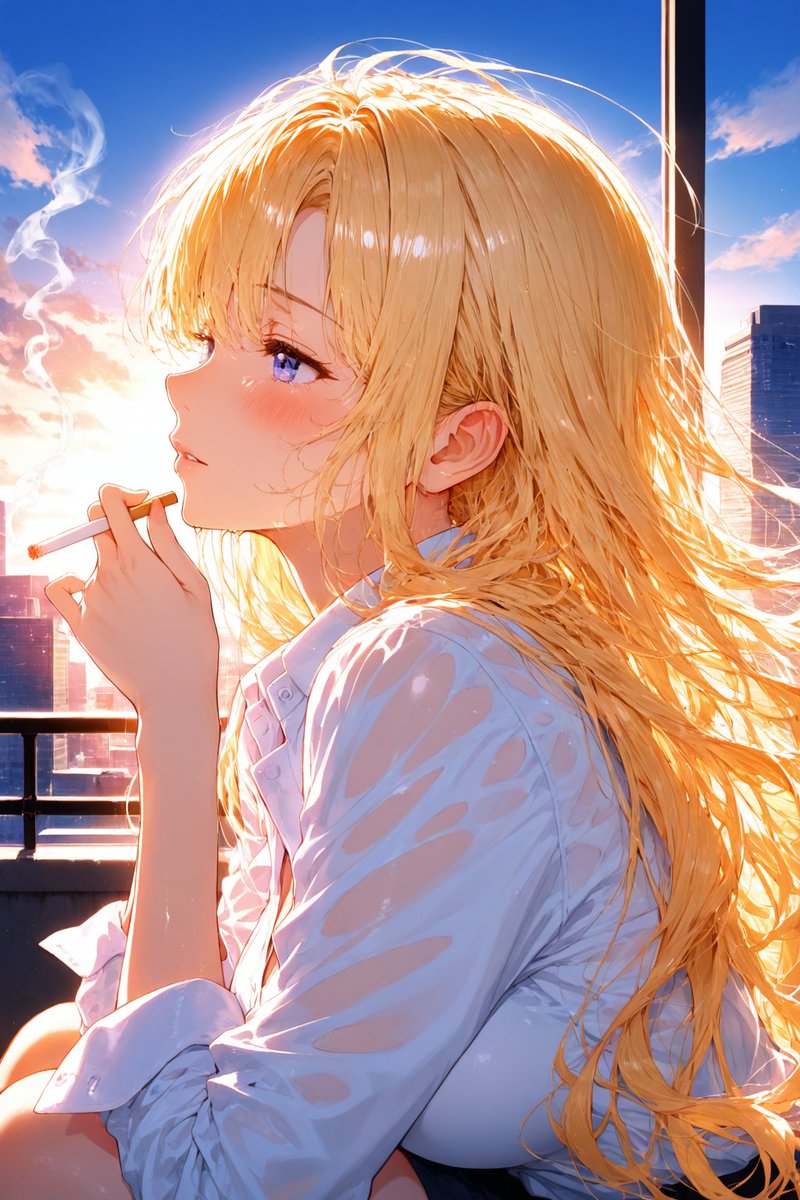 ゆるふわ金髪が昼休憩に窓辺で大人っぽい雰囲気へ憧れるAIイラスト