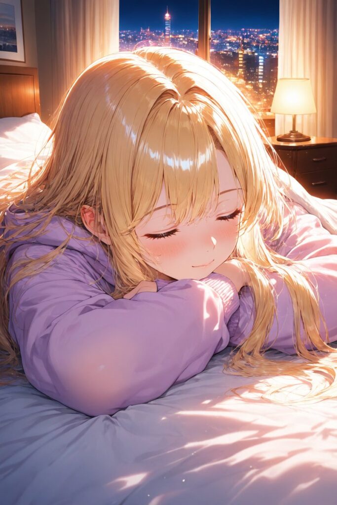 ゆるふわ金髪がベッドで眠りにつく前に穏やかな表情を見せるAIイラスト
