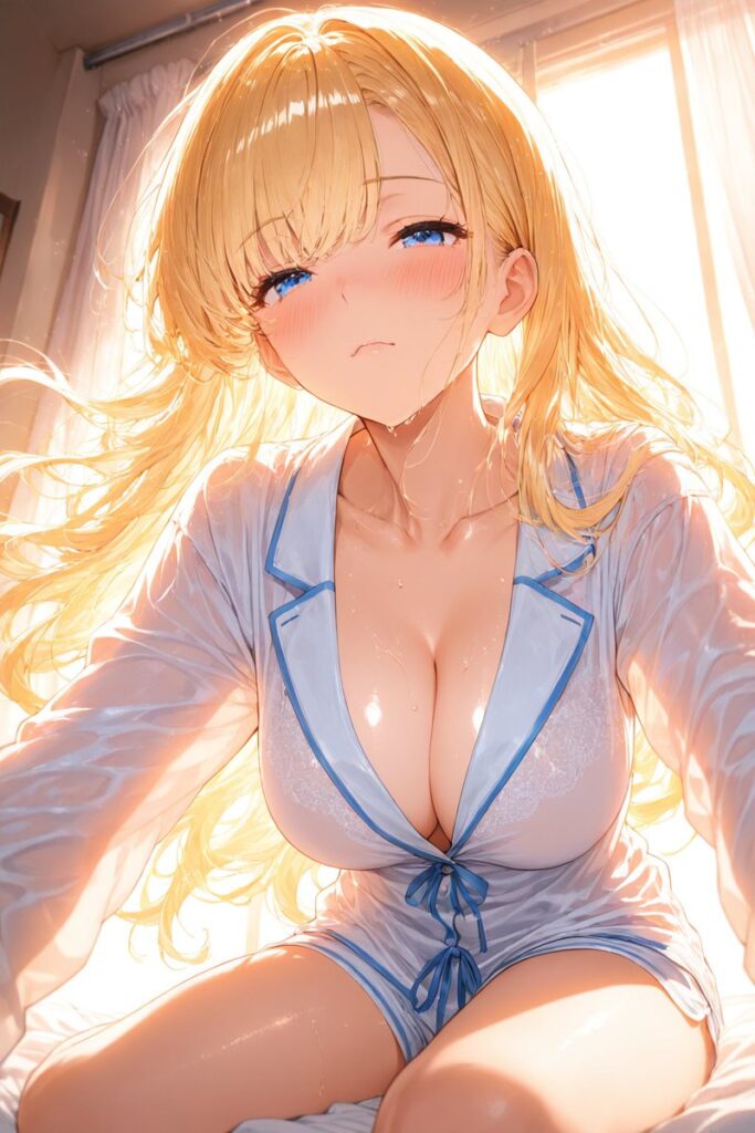 ゆるふわ金髪が眠そうな表情で布団を抱きしめながら目覚めるAIイラスト