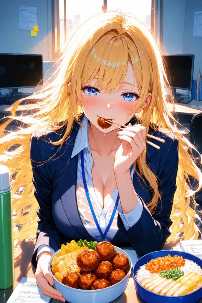 ゆるふわ金髪がお弁当を楽しみに昼休憩を過ごすAIイラスト
