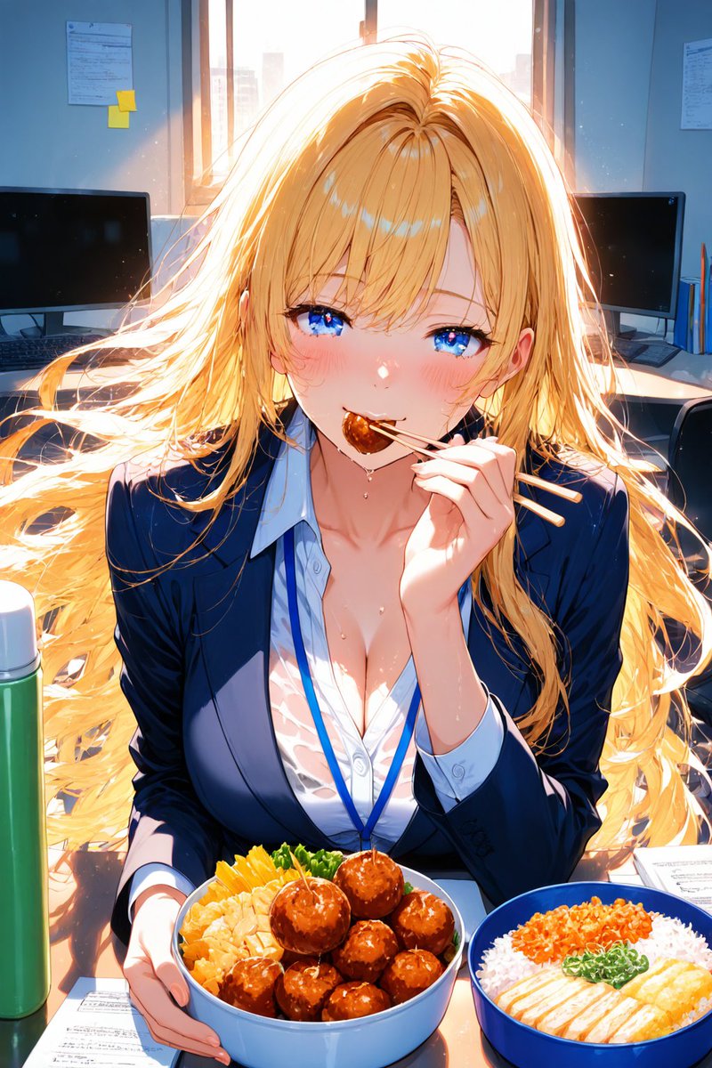 ゆるふわ金髪がお弁当を楽しみに昼休憩を過ごすAIイラスト