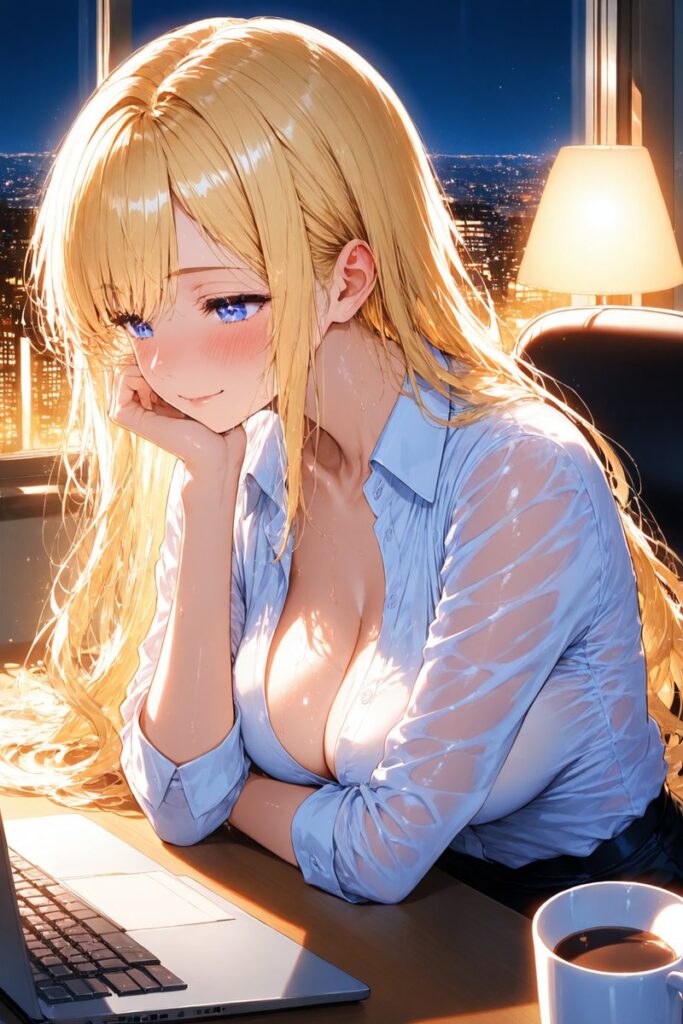 ゆるふわ金髪がコーヒーを片手に夜のオフィスで残業を頑張るAIイラスト