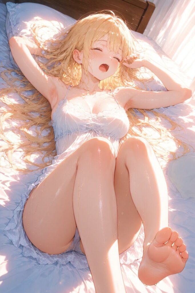 ゆるふわ金髪が暑い朝にベッドで大きく伸びをするAIイラスト