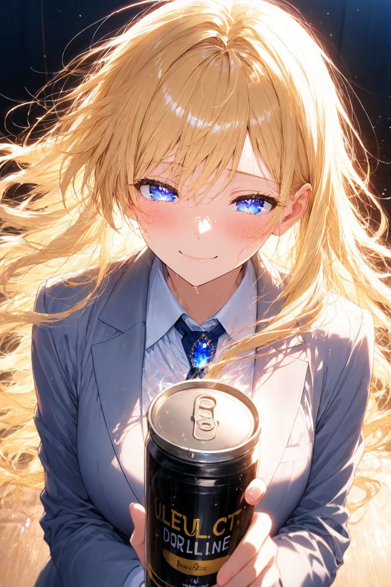 ゆるふわ金髪が昼休憩にエナジードリンクを手に午後への気合いを入れるAIイラスト
