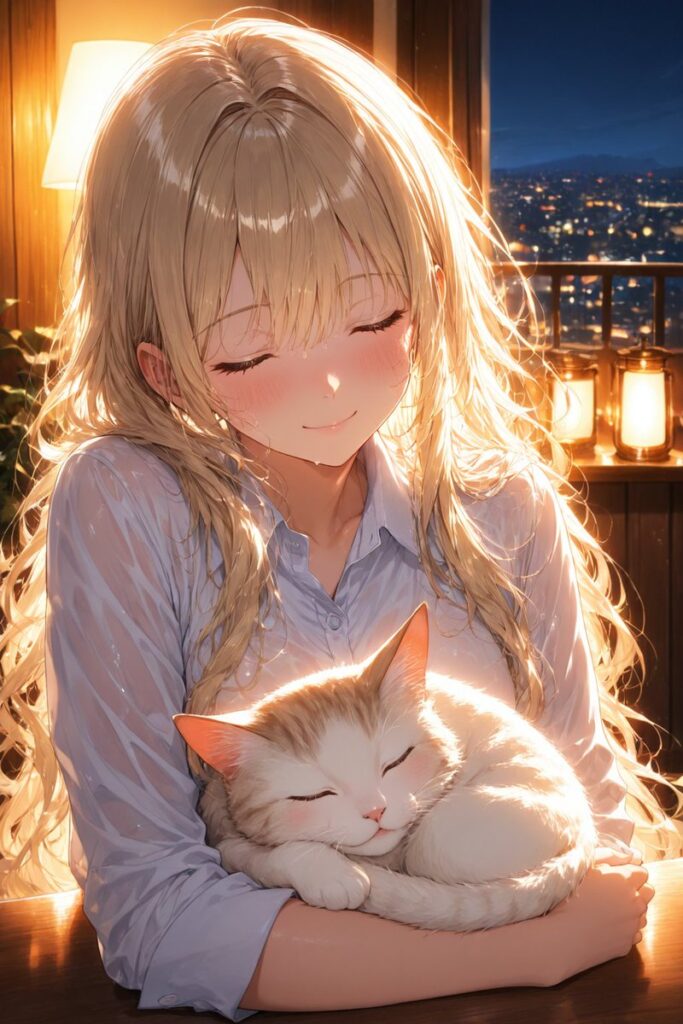 ゆるふわ金髪が猫を抱きながら穏やかな週末の夜を過ごすAIイラスト