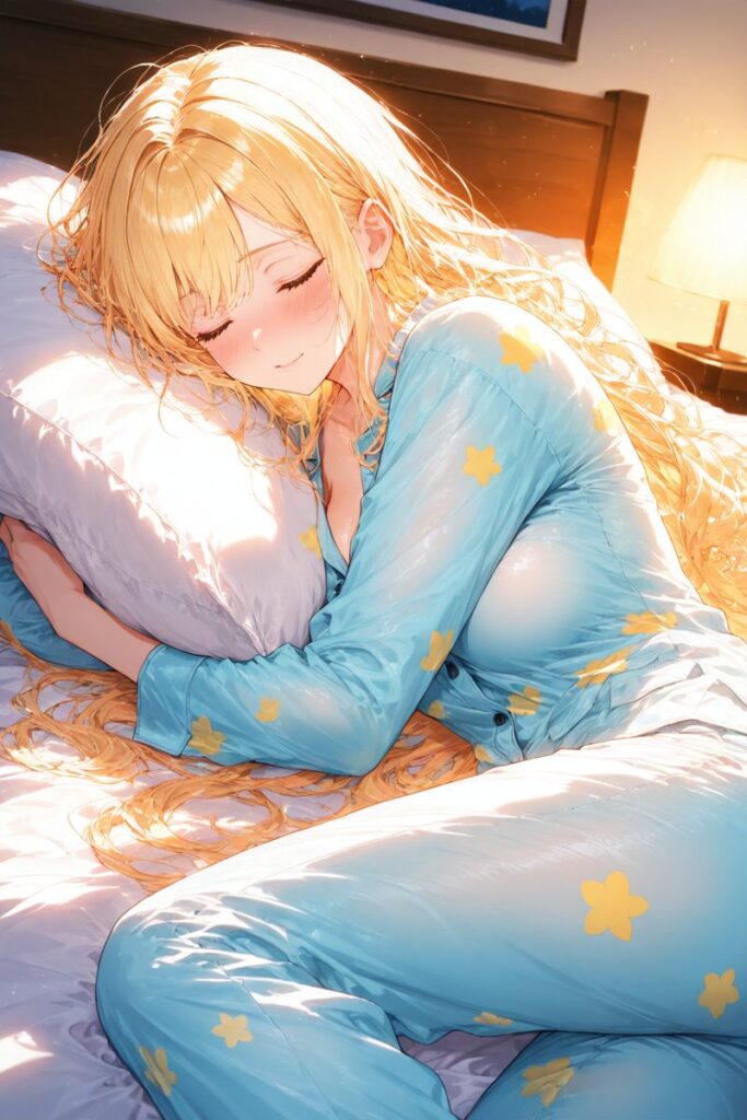 ゆるふわ金髪がパジャマ姿で枕を抱きしめながら眠るAIイラスト