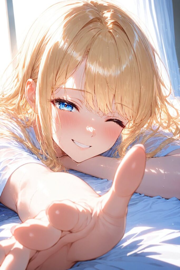 ゆるふわ金髪が笑顔で手を差し伸べながら月曜日の朝を応援するAIイラスト