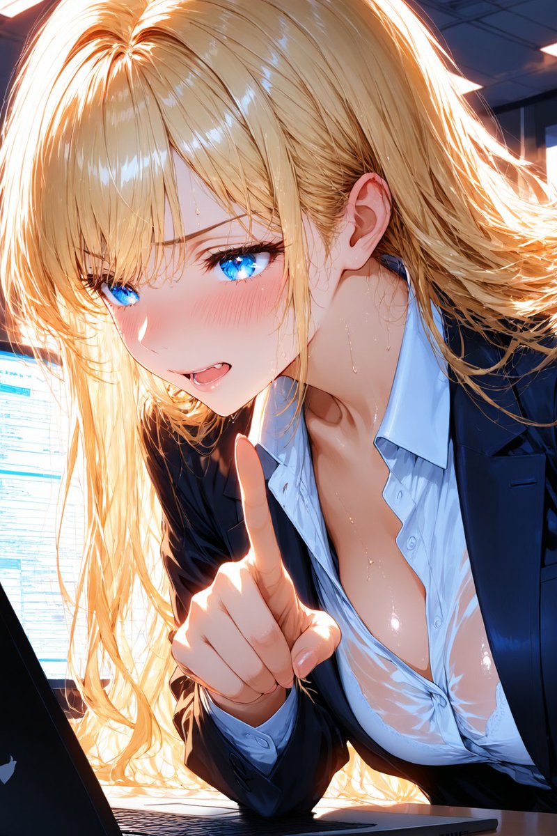 ゆるふわ金髪が仕事中にミスへ気付き落ち着いて確認するAIイラスト