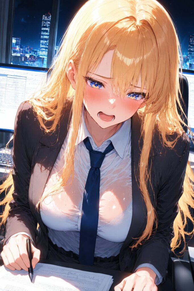 ゆるふわ金髪が夜のオフィスで残業を頑張るAIイラスト