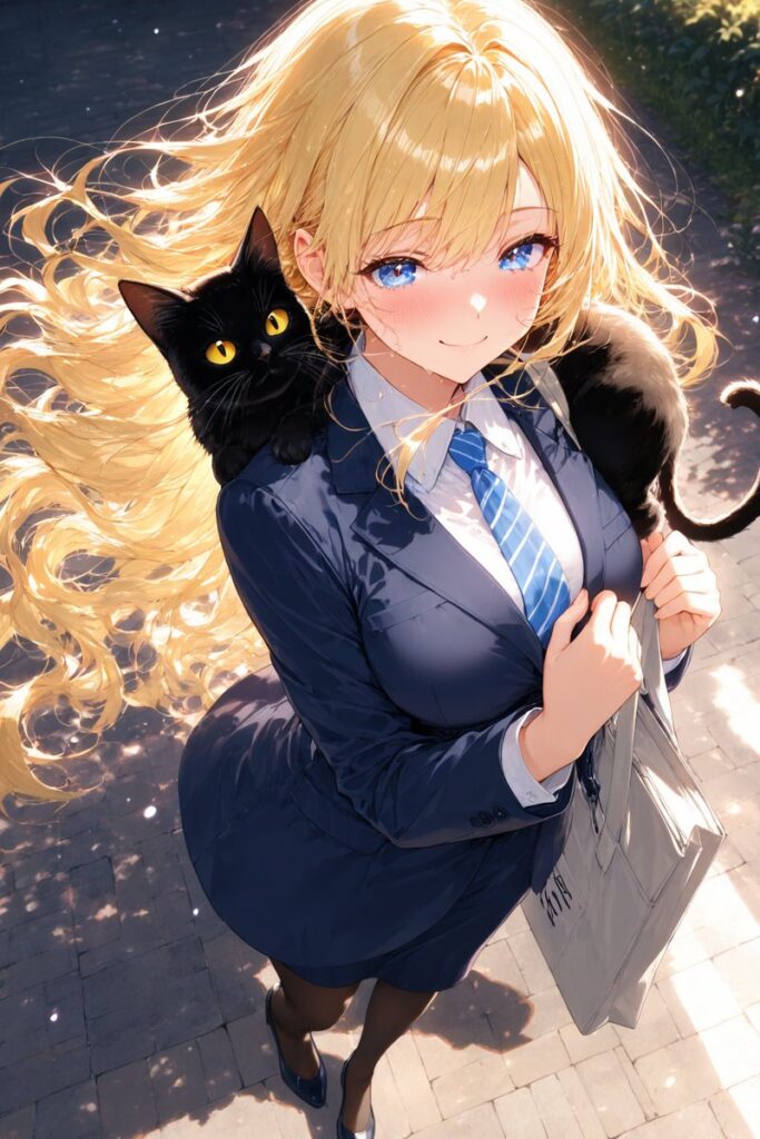 ゆるふわ金髪が帰り道で黒猫と触れ合いながら微笑むAIイラスト