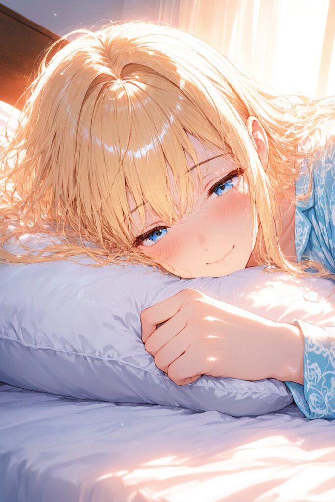 ゆるふわ金髪が朝の布団で微笑みながら一日を応援するAIイラスト