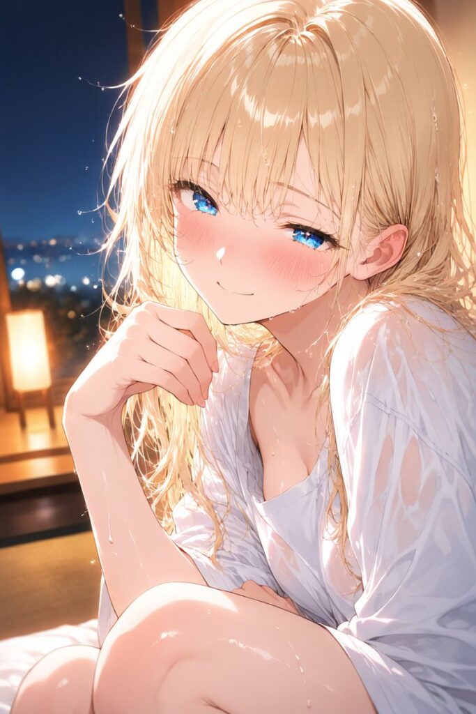 ゆるふわ金髪が休日前の夜に部屋でリラックスしながら穏やかに過ごすAIイラスト