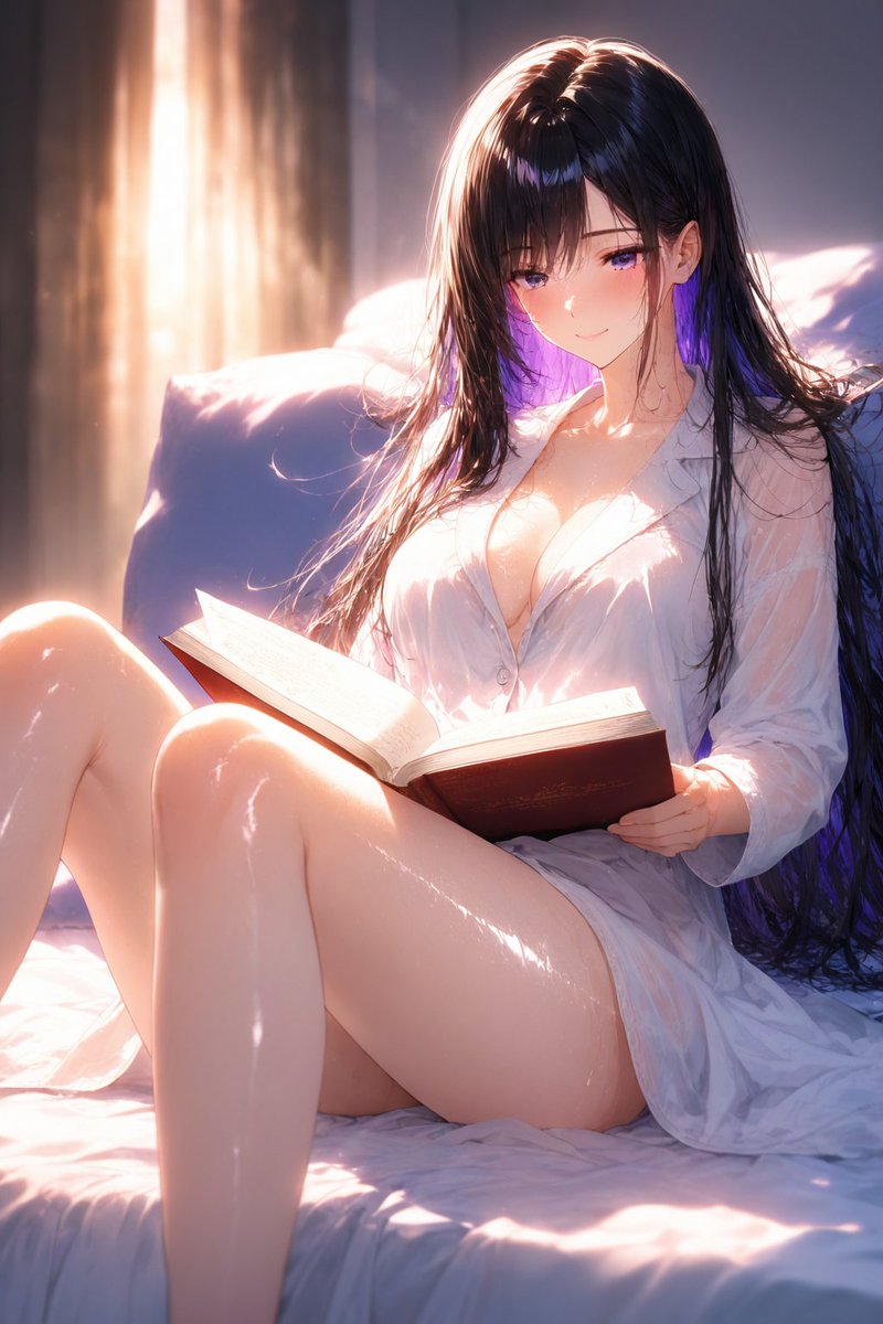 白石 詩織（しらいし しおり）が朝のベッドで本を読みながら穏やかな時間を過ごすAIイラスト