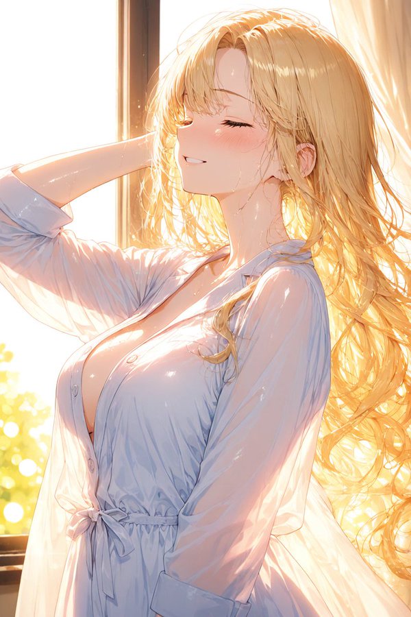 ゆるふわ金髪が朝日を浴びながら穏やかな笑顔で一日を迎えるAIイラスト