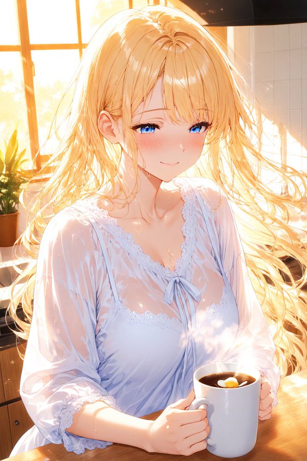 ゆるふわ金髪が朝のコーヒーを飲みながら優しく微笑むAIイラスト