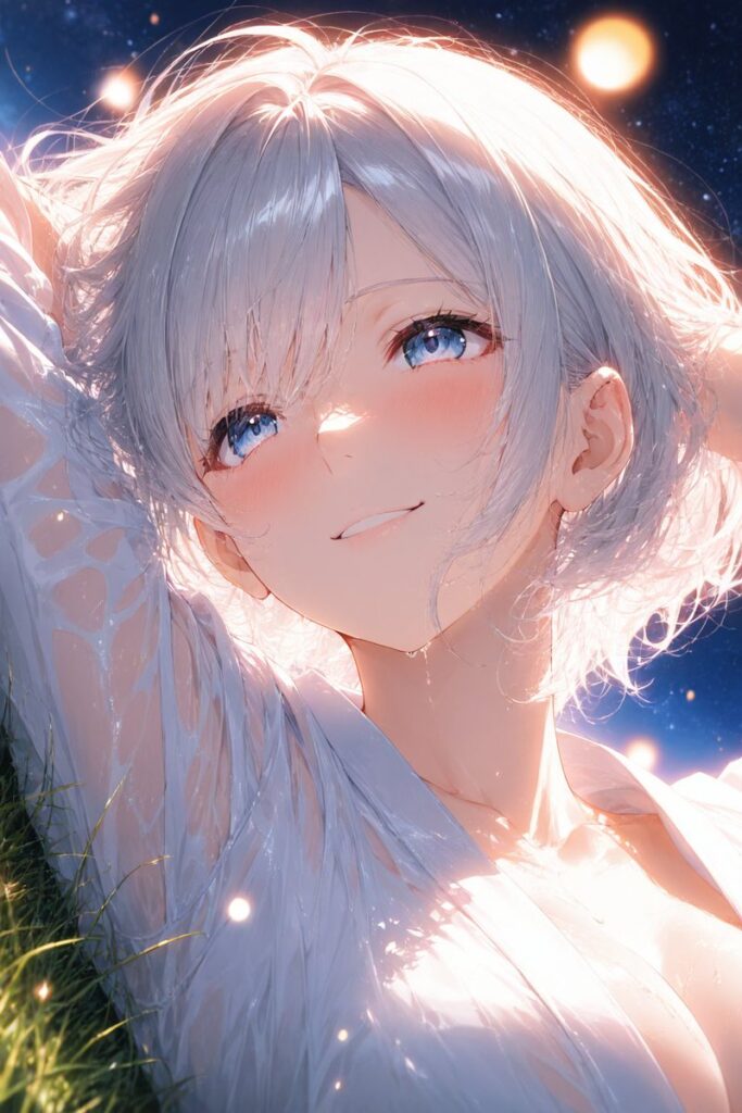 月城 雪乃（つきしろ ゆきの）が夜空を見上げながら穏やかに微笑むAIイラスト