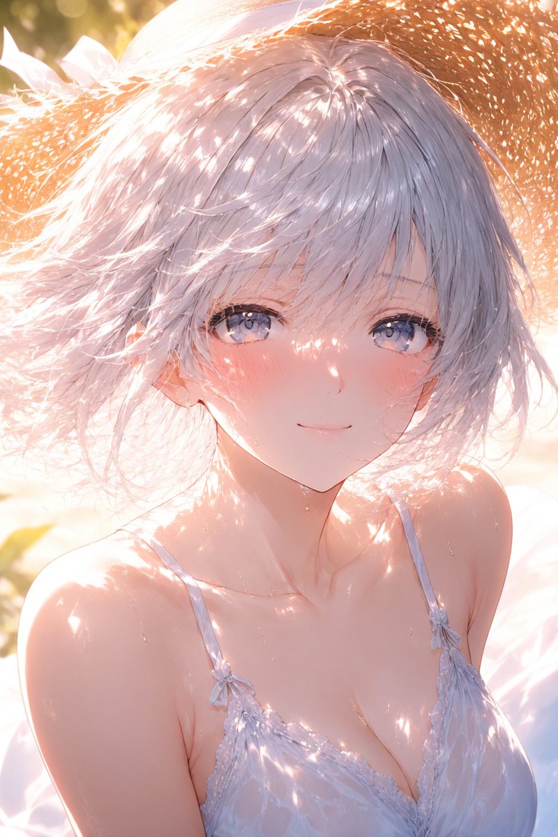 月城 雪乃（つきしろ ゆきの）が朝の散歩で自然を感じながら微笑むAIイラスト